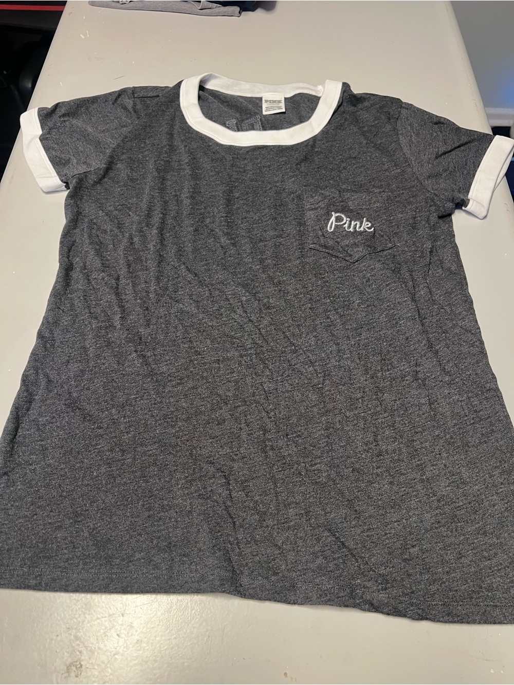 PINK Victoria's Secret Charcoal Ringer Tee with White Trim